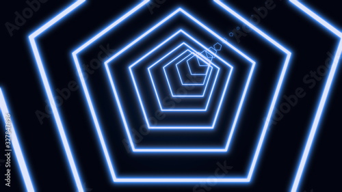 computer generated abstract neon pentagon tunnel consisting of moving lines in white color on black background, 3D rendering 4k video.