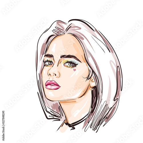 Hand-drawn young beautiful brunette girl with green eyes and pink lipstick. Fashion illustration of a stylish look. Vector for design t-shirts typography cards and posters.
