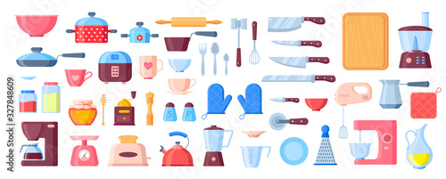 Vector kitchen utensils flat elements set. Kitchenware cooking objects with shadows and reflections icons. Frying pan, knives, plates, kettle isolated