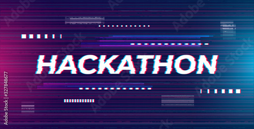 Hackathon banner illustration. Abstract futuristic background with glitch effect in neon colors. Screen template for hack contest, conference, coding meetup.