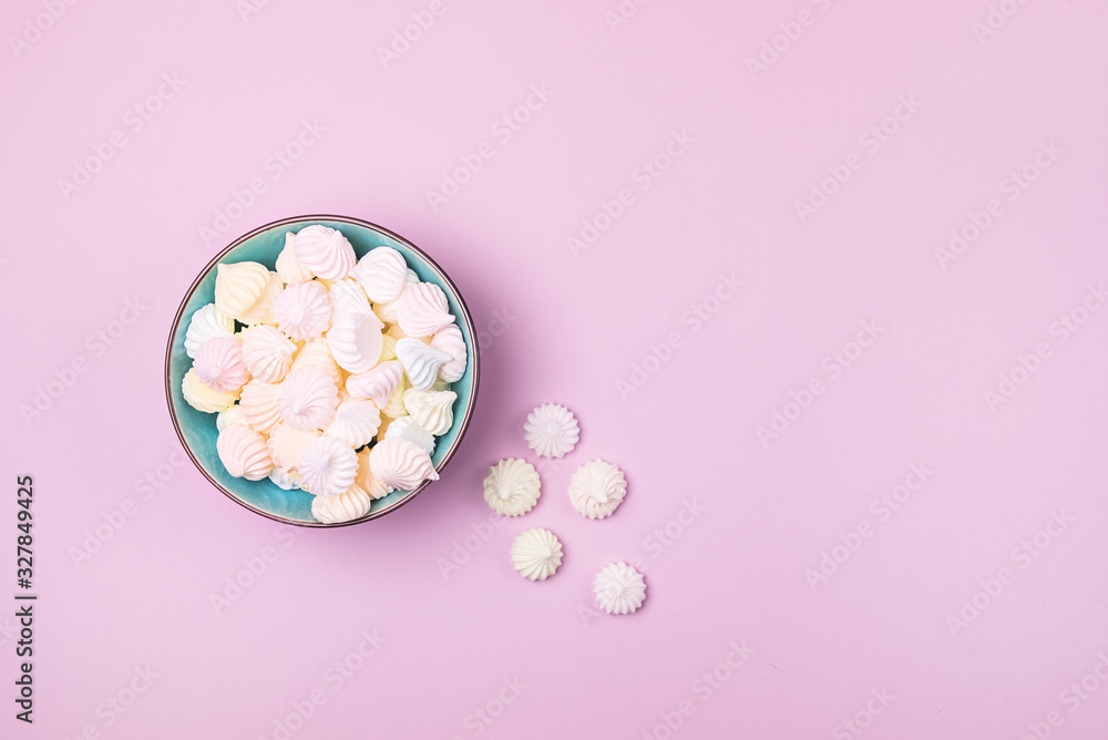 Plate with Small Meringues on Pink Background Tasty Dessert Horizontal Copy Space Plate with Small Meringues on Pink Background Tasty Dessert Horizontal Copy Space