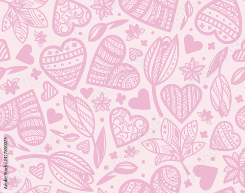 Pink seamless pattern with ornamental hearts, tulips for wrapping, paper, gifts