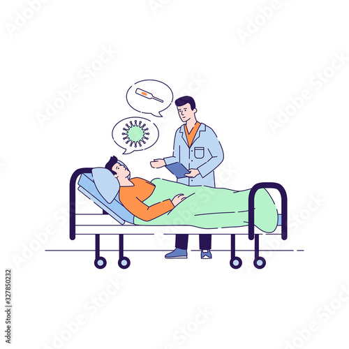 Doctor man discussing with male patient flat vector illustration. Hospitalization patient. Sick person is in a medical bed. Isolated cartoon characters on a white background.