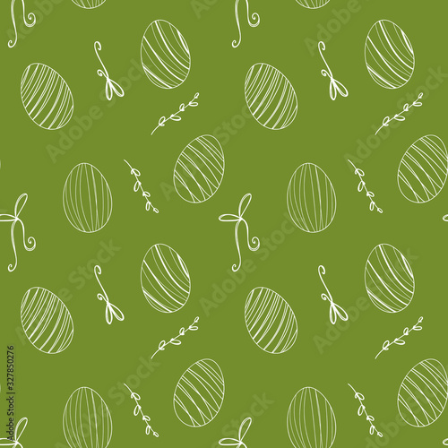 Easter striped eggs outline doodle seamless pattern cute digital art on a green background. Print for banners, posters, cards, web, invitation, wrapping paper and boxes.