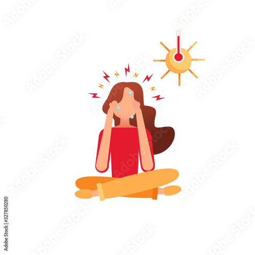 A young girl sits in a lotus position and holds on to her head. Stress, headache from severe high fever, heat. High temperature