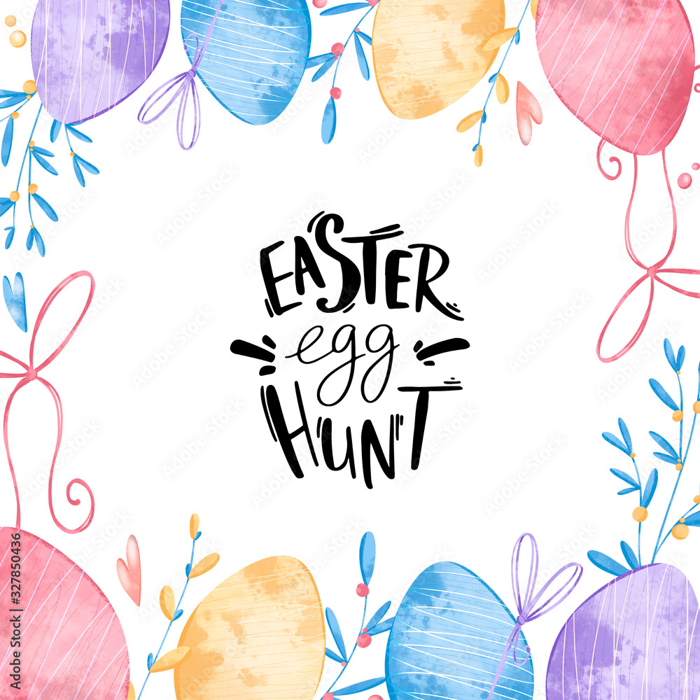 Easter lettering egg hunt square card with cute digital art frame on a white background. Print for banners, posters, cards, posts, web, invitation, wrapping paper and boxes.