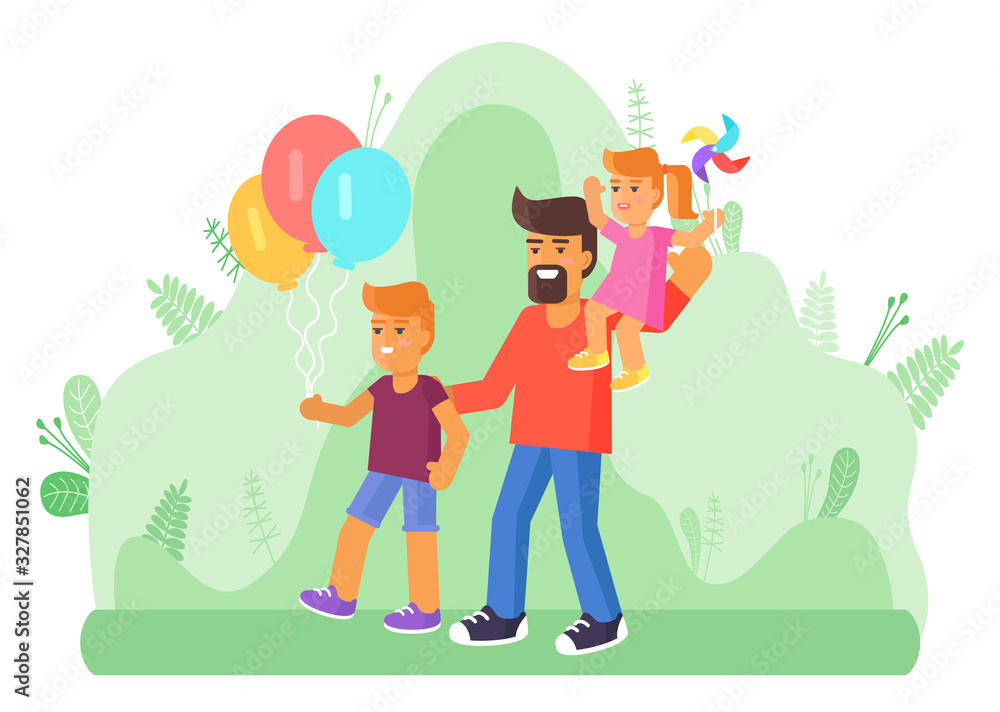 Father with little daughter sitting on his arms and son holding air balloons walking in park. Dad with children spend time outdoors. Family leisure vector
