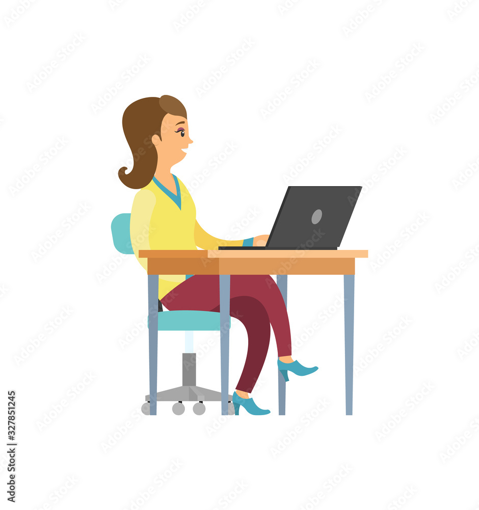 Business worker at desktop, woman or girl with laptop vector. Isolated female character office employee with portable computer on table, businesswoman Business worker at desktop, woman or girl with laptop vector. Isolated female character office employee with portable computer on table, businesswoman
