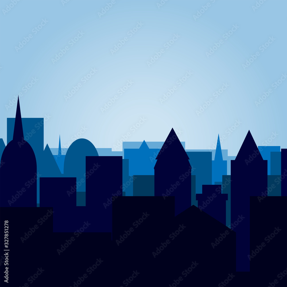 Simple background with silhouettes of houses and roofs. Square vector illustration.