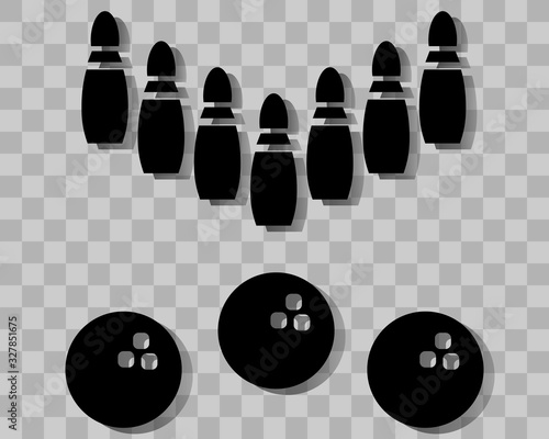 Bowling game.Set of black skittles and three balls on the background.Flat Vector Illustration