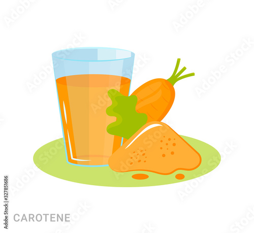 Vector illustration of glass with carrot juice and carotene. Food additive on a white background.