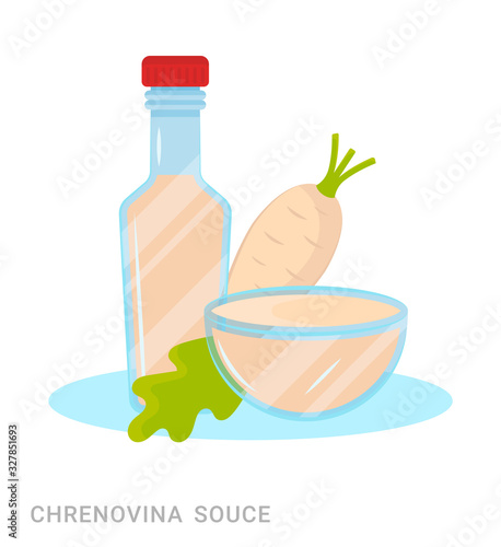 Vector illustration of a bottle with chrenovina souce and horseradish. Food additive on a white background. photo