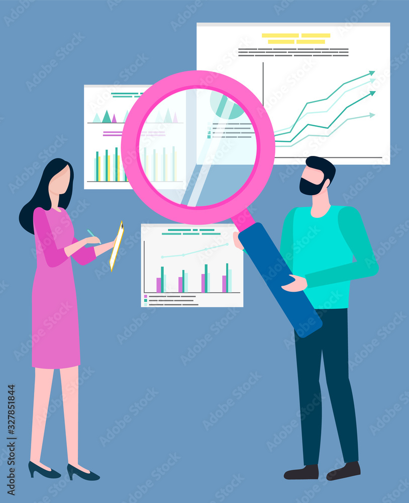 Business and office workers, graphics and charts, man and woman with magnifying glass vector. Statistics and analysis, profit and development, startup Business and office workers, graphics and charts, man and woman with magnifying glass vector. Statistics and analysis, profit and development, startup
