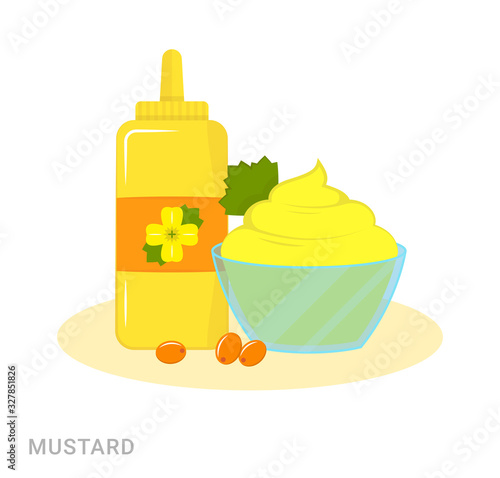 Vector illustration of the bowl with mustard and the bottle with mustard oil. Food additive on a white background.