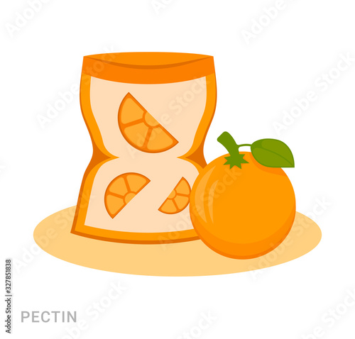 Vector illustration of a bottle with pectin and an orange. Food additive on a white background.
