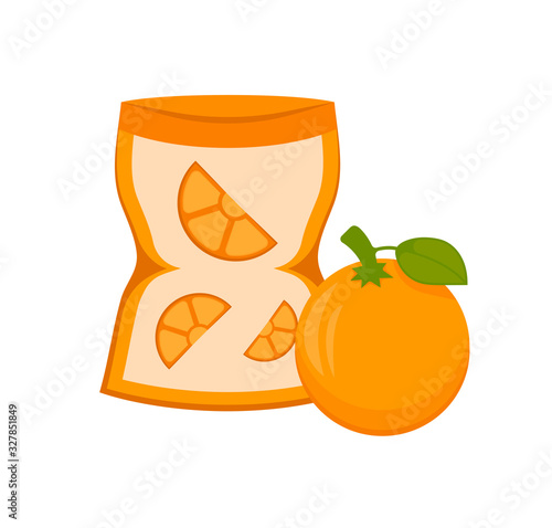 Vector illustration of a bottle with pectin and an orange. Food additive on a white background.