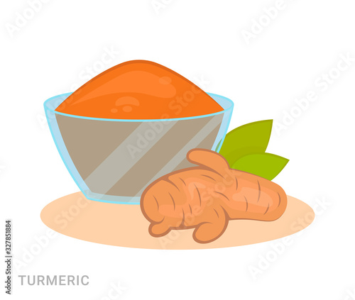 Vector illustration of a bowl with turmeric. Food additive on a white background.