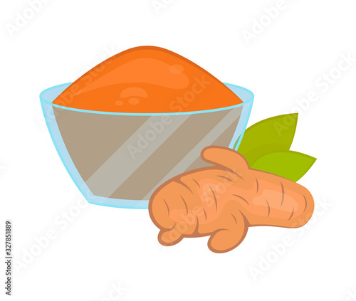 Vector illustration of a bowl with turmeric. Food additive on a white background.