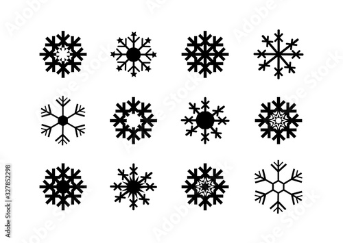 Collection of black snowflakes on a white background.Flat.Vector illustration