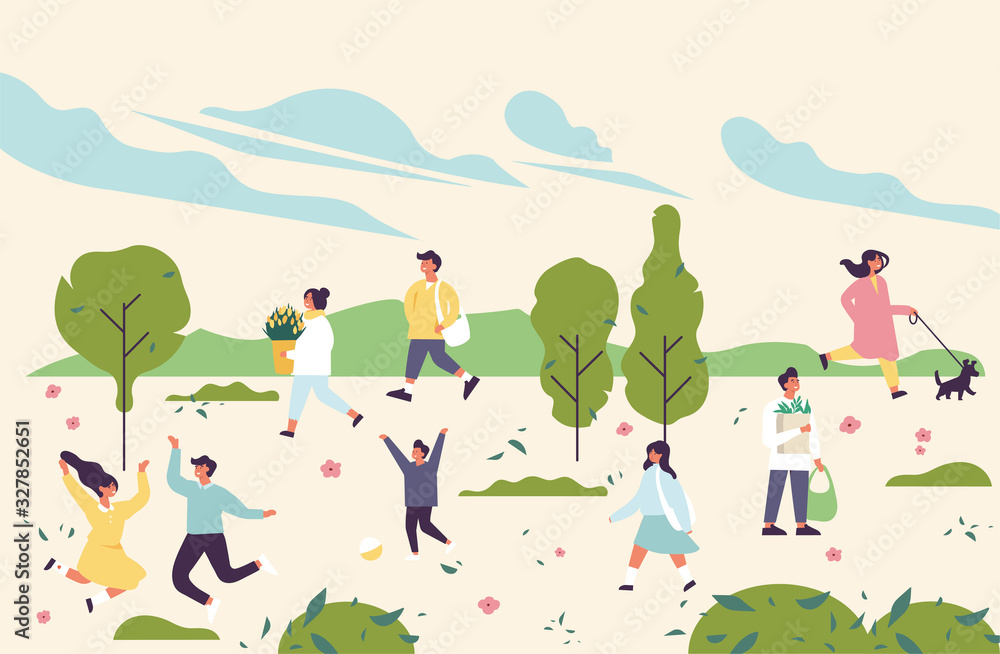 Vector spring illustration with people enjoying and relaxing their time outdoors in park. Spring season recreation.