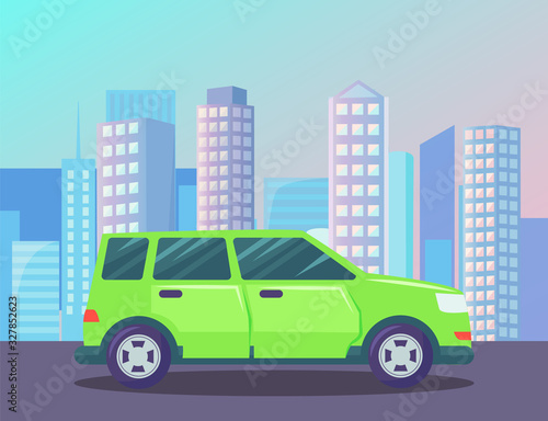 Car on road vector, oldschool transport minivan riding on street of city. Cityscape with skyscrapers and high buildings, futuristic town, megapolis with transportation. Vehicle green automobile © robu_s