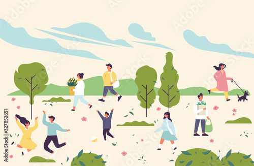 Vector spring illustration with people enjoying and relaxing their time outdoors in park. Spring season recreation.