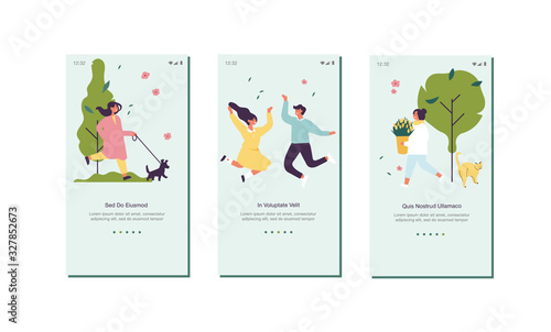 Vector illustration spring concept for website or mobile app page onboard screen. People enjoying and relaxing their time outdoors in a park.