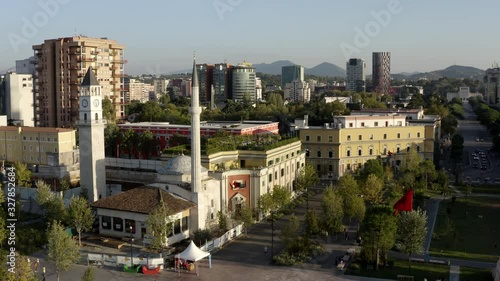 Et’hem Bey Mosque at Skanderbeg Place in Tirana, Albania (aerial, drone)