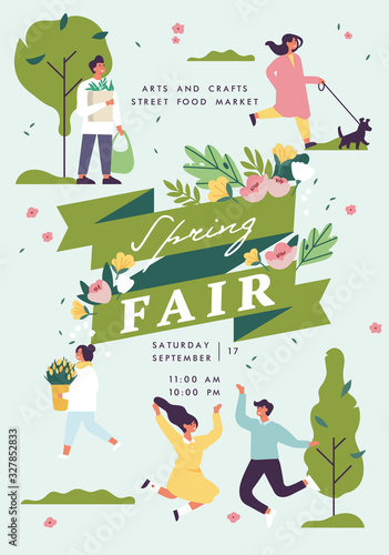 Vector spring fair poster, flyer or banner or banner template with people enjoying their time outdoors in park. Spring holiday season recreation and public event.