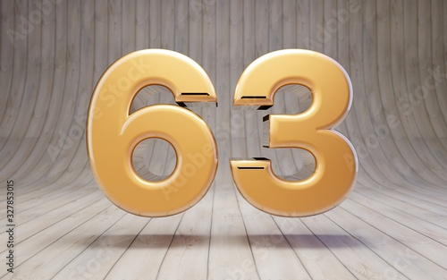 Golden number 63 on wooden floor.