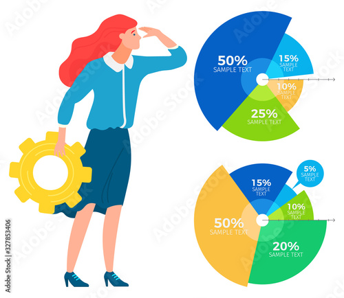 Woman standing with gearwheel in hand near data chart, diagram and looking on it. Data graph on coordinate plane. Business tools for innovations and cooperation. Vector illustration flat style photo
