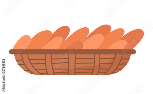 Baked food in woven basket, isolated loaf of bread and buns. Pastry meal with crust made of dough, organic ingredients. Bakery shop assortment, homemade snacks for dinner. Vector in flat style