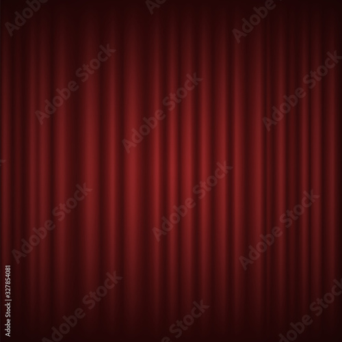 Red theater curtain, long silk, hanging on cornice vector. Luxury scarlet textile or fabric, concert hall decoration and equipment, backdrop or background