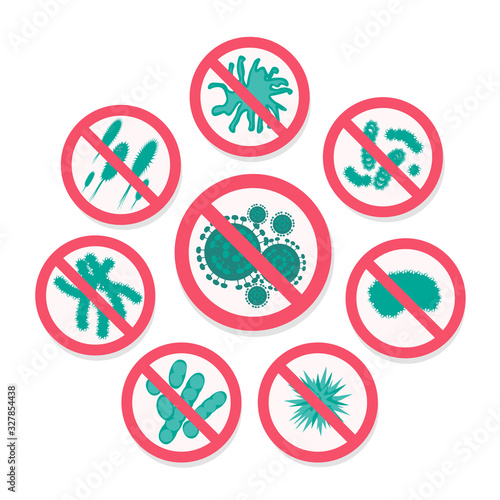 Coronavirus. Chinese coronavirus outbreak. Stop coronavirus. Coronavirus wuhan sars illness. Antibacterial sign set. Bacteria kill symbol. Control infection. Germ kill. Infection icon. Coat isolated.