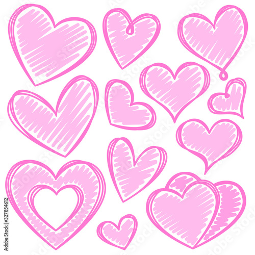 Vector set of hand-drawn pink sloppy painted hearts with several pink lines. Hand drawing rough heart marker isolated on white background. Vector illustration for your design