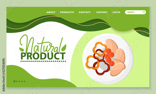 Natural products and organic meal. Dishes of fresh ingredients. Bell pepper and meat served on plate. Veggies for vegetarians. Website or webpage template, landing page, vector in flat style