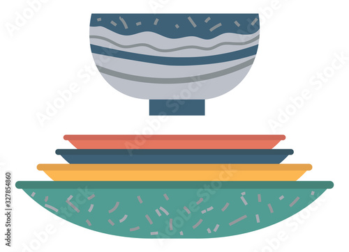 Ceramic earthenware flower pots, food bowls in stack isolated. Vector clay pots flat style kitchen utensils. Household crockery, terracotta pottery
