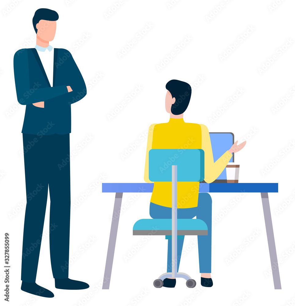How to write business plan, person sitting at table and boss supervisor standing above him. Vector cartoon person and businessman, problems discussion How to write business plan, person sitting at table and boss supervisor standing above him. Vector cartoon person and businessman, problems discussion