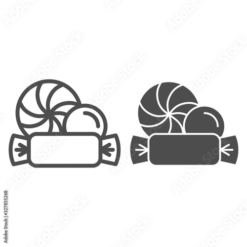 Candies line and solid icon. Sweet handful candy, lollipoop and candies symbol, outline style pictogram on white background. Christmas holiday sign for mobile concept and web design. Vector graphics.