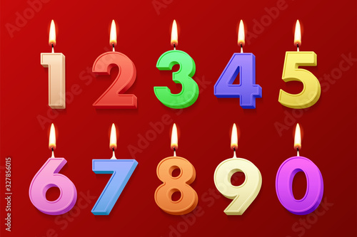 Different color birthday candles with burning flames isolated on red background. Vector design elements.
