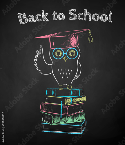 Chalk drawn poster of owl sitting on books