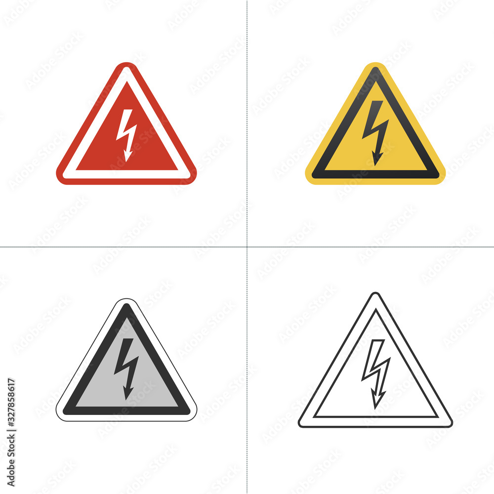 Yellow red black linear Sign of danger high voltage symbol set. Stock Vector illustration isolated on white background. Yellow red black linear Sign of danger high voltage symbol set. Stock Vector illustration isolated on white background.