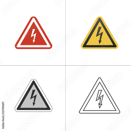 Yellow red black linear Sign of danger high voltage symbol set. Stock Vector illustration isolated on white background.