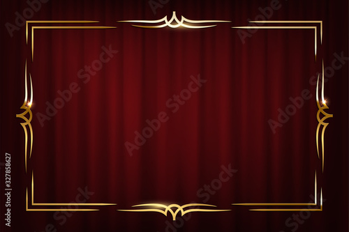 Vintage golden border isolated on red curtain background. Vector retro design element.