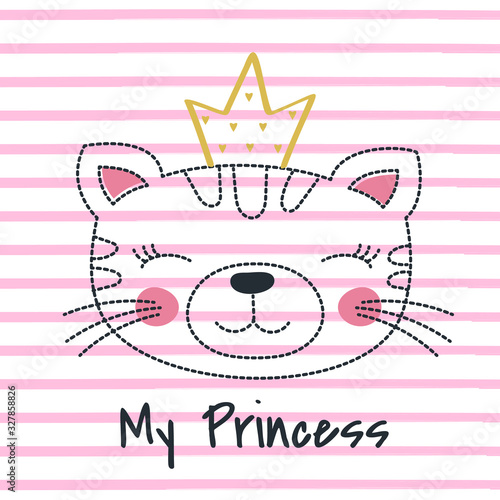Cute caroon cat girl princess. Greeting card.