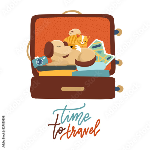 Pet travel. A cute dog, cat and hamster sitting in an open suitcase with vacation accessories. Flat vector illustration for travel on a sticker, poster, card, print with lettering Time to travel