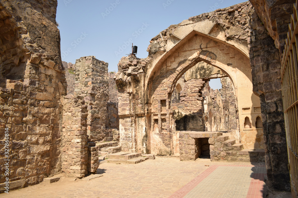 Old Historical Golconda Fort Ruined Walls in India Background stock photograph