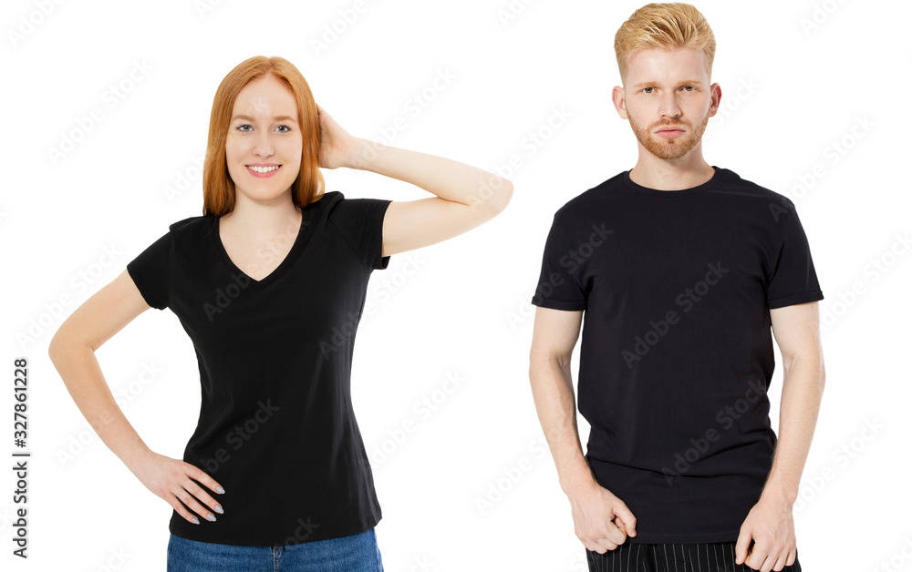 Black t-shirt set mock up, man and woman black tshirt collage isolated on white background.