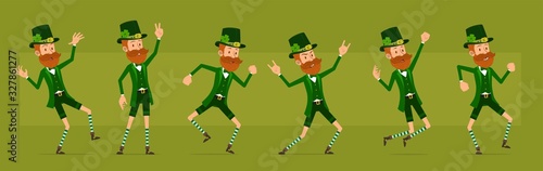 Cartoon funny irish bearded leprechaun boy character with clover hat. Ready for animations. Saint Patricks day. Rock and roll irish jumping and dancing. Big vector icon set.