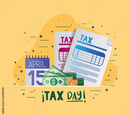 tax day documents calendar bills and coins vector design